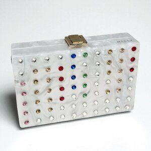 Milly Box Acrylic Clutch Swarovski Crystal Rainbow Stripe Removable Chain